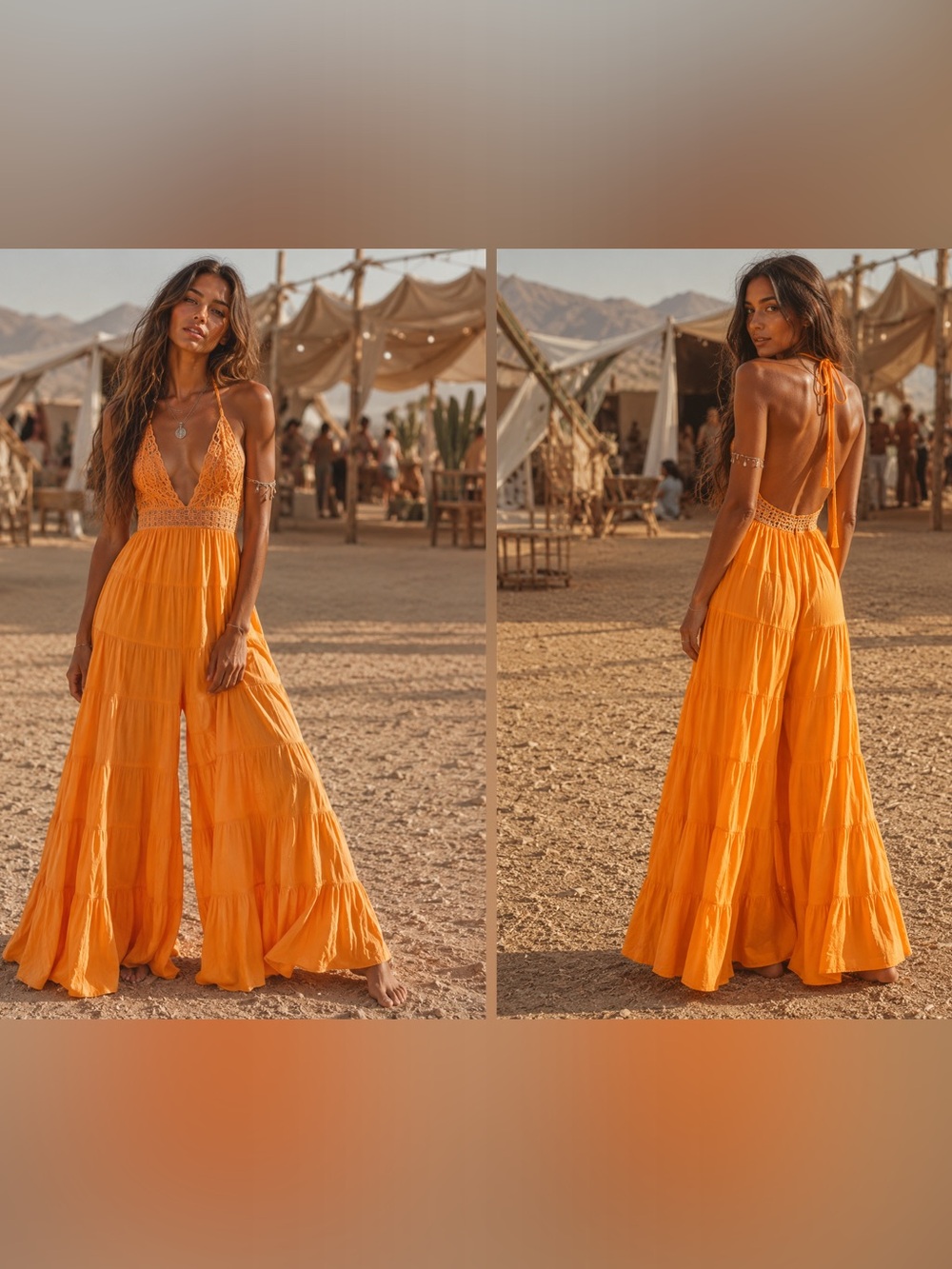 New! Free people harmony jumpsuit wide leg lace halter top - orange yellow Sz XS